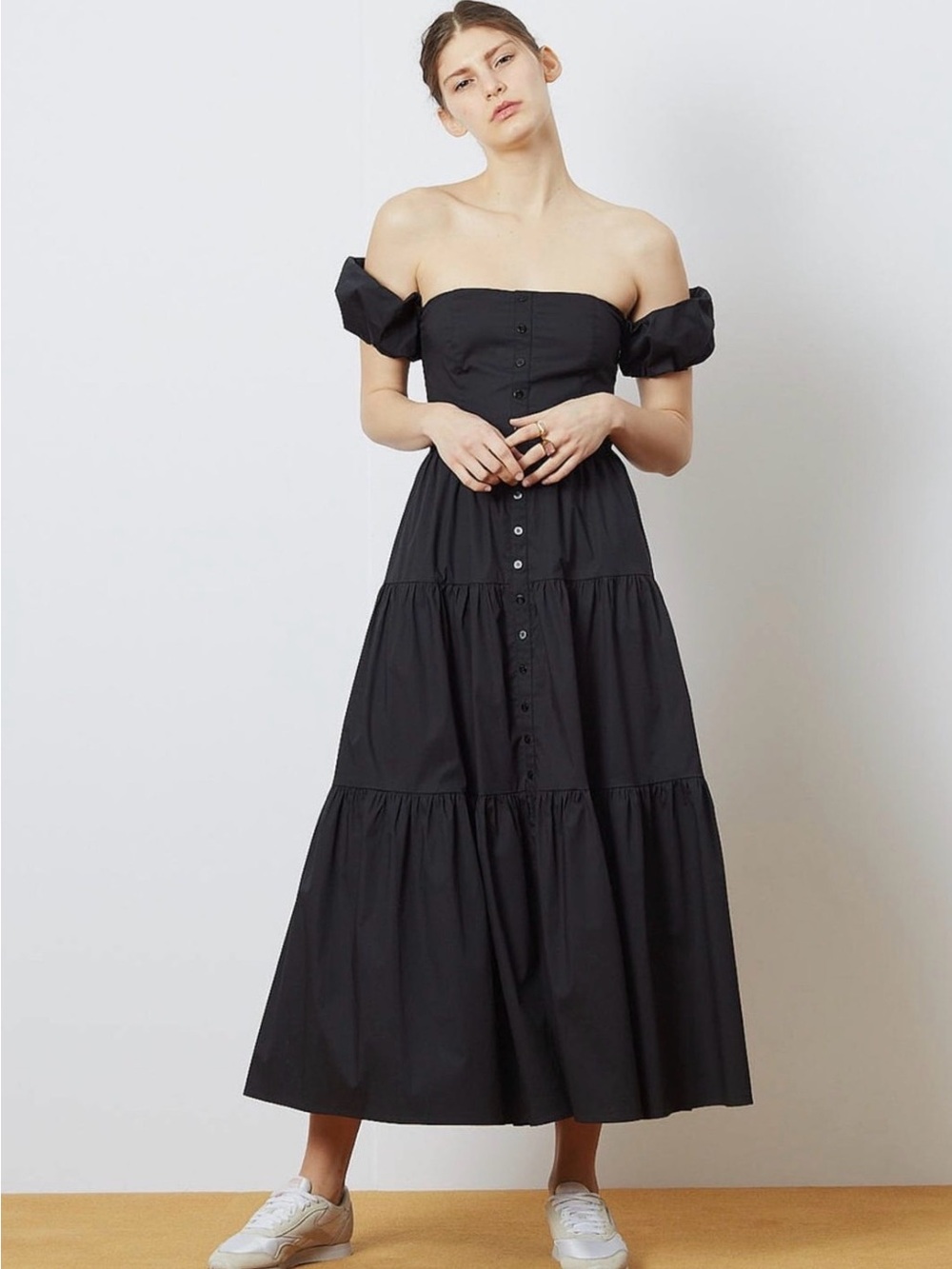 STAUD Elio Dress 4 Black Off Shoulder Puff Sleeve Tiered Cotton Maxi
